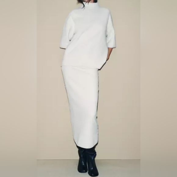 Zara Women's Super Soft Ribbed Midi Skirt with Elastic Waist, White, LARGE - Picture 2 of 10